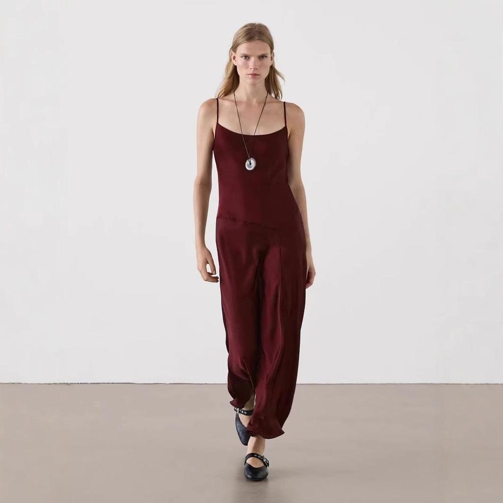 European & American Women's Autumn Burgundy Draped Sling Dress - Elegant & Lazy French Style