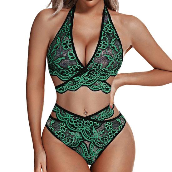 Sexy Lace Underwear Set Floral Lace Bralette And Panty Babydoll Outfits Halter Bra V Waist Briefs Women 2 Piece Underwear Set