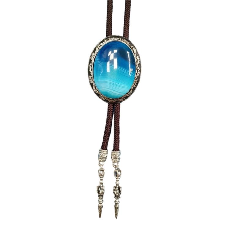 Vintage Oval Shape Stone Pendant Bolo Tie Western Braided Rope Adjustable Necktie Jewelry Shirt Collar Chain Necklace