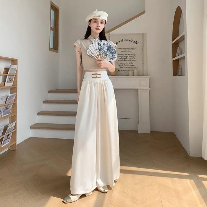 New Chinese style national style disc-buckled ice silk chiffon large pants wide-leg pants women's spring and summer high-waisted versatile casual floo