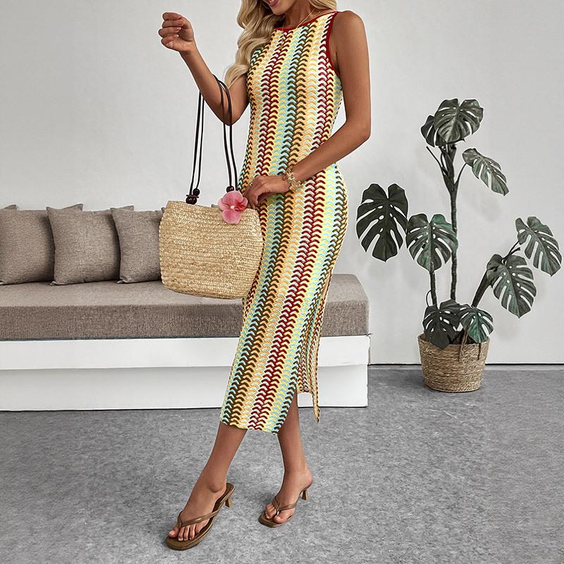 Summer New Style Colorful Striped Crocheted Round-neck Vest Sleeveless Fitted Dress for Women