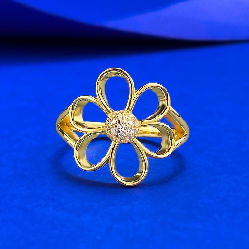 Xiancan S925 Sterling Silver Gold Plated Hollow Flower Ring with Diamond Stamen - Exquisitely Versatile. Size 8