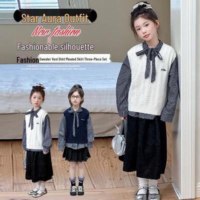 Mädchen Frühling/Herbst 2025 College-Stil Hemd & Strickweste Set für Mittelgroße & Große Kinder