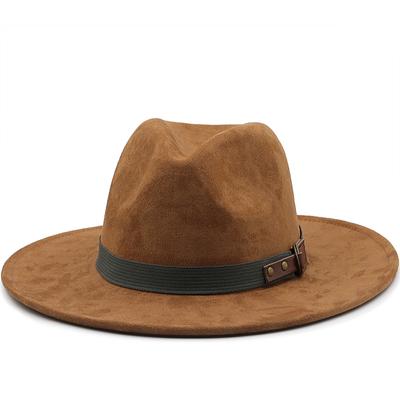 Men Suede Fedora Warm Jazz Hat Chapeau Femme Feutre Panaman Cap Felt Women Fedora Hats with Pearls Belt Vintage Trilby Caps