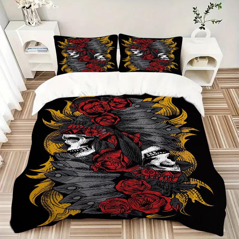 

3pcs Skull Roses Bedding Set Down Comforter Cover and Pillowcases, Suitable for All Seasons(No Insert)-0729053 135x200cm