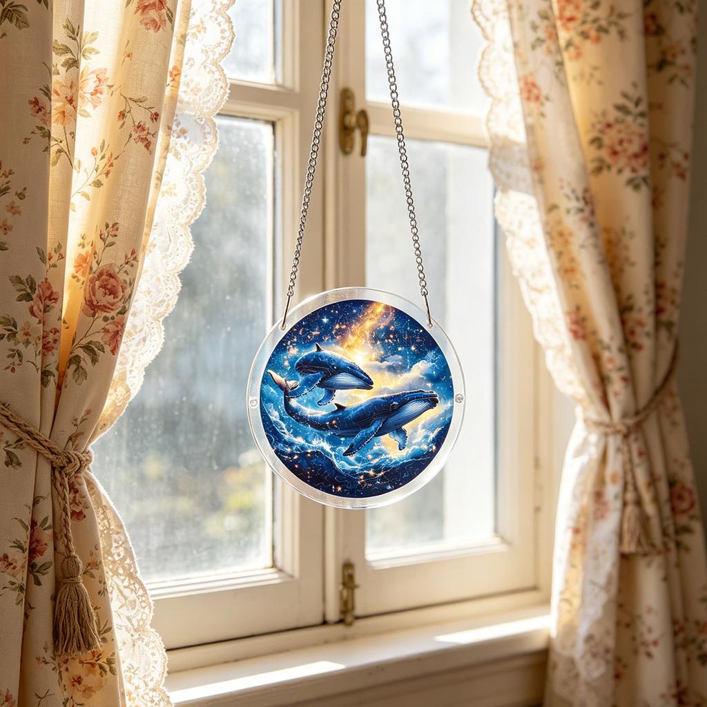 Acrylic Sun Catcher Window Hanging Decoration Whale Design Round Shape with Metal Chain for Indoor Outdoor Use Home Office Decoration