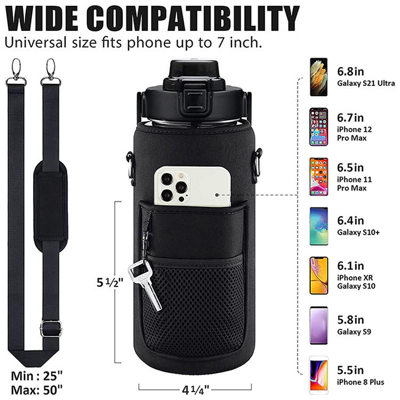 Portable Water Bottle Carrier Bag With Phone Pocket For Stanley 64Oz Tumbler With Handle Neoprene Water Bottle Holder Pouch