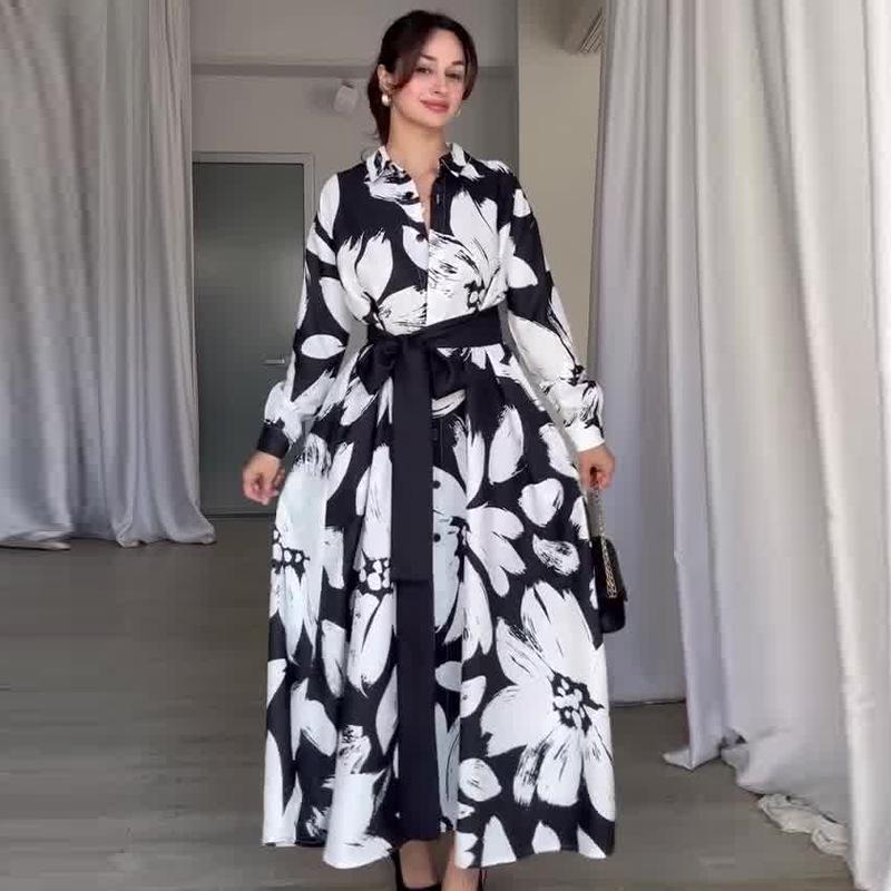 

2024 Осень Европейское и Американское Женское Платье-Рубашка с Длинным Рукавом и Принтом, с Завязкой и Отложным Воротником 3XL чёрный