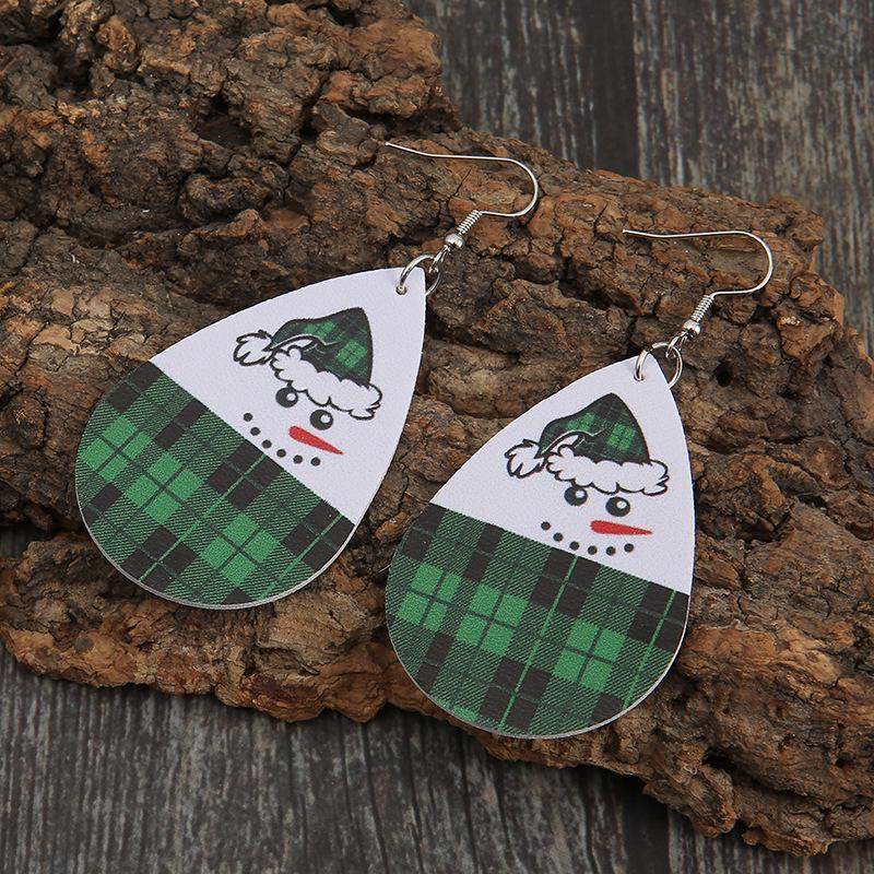 European & American Xmas Teardrop Green Plaid Leather Snowman Earrings