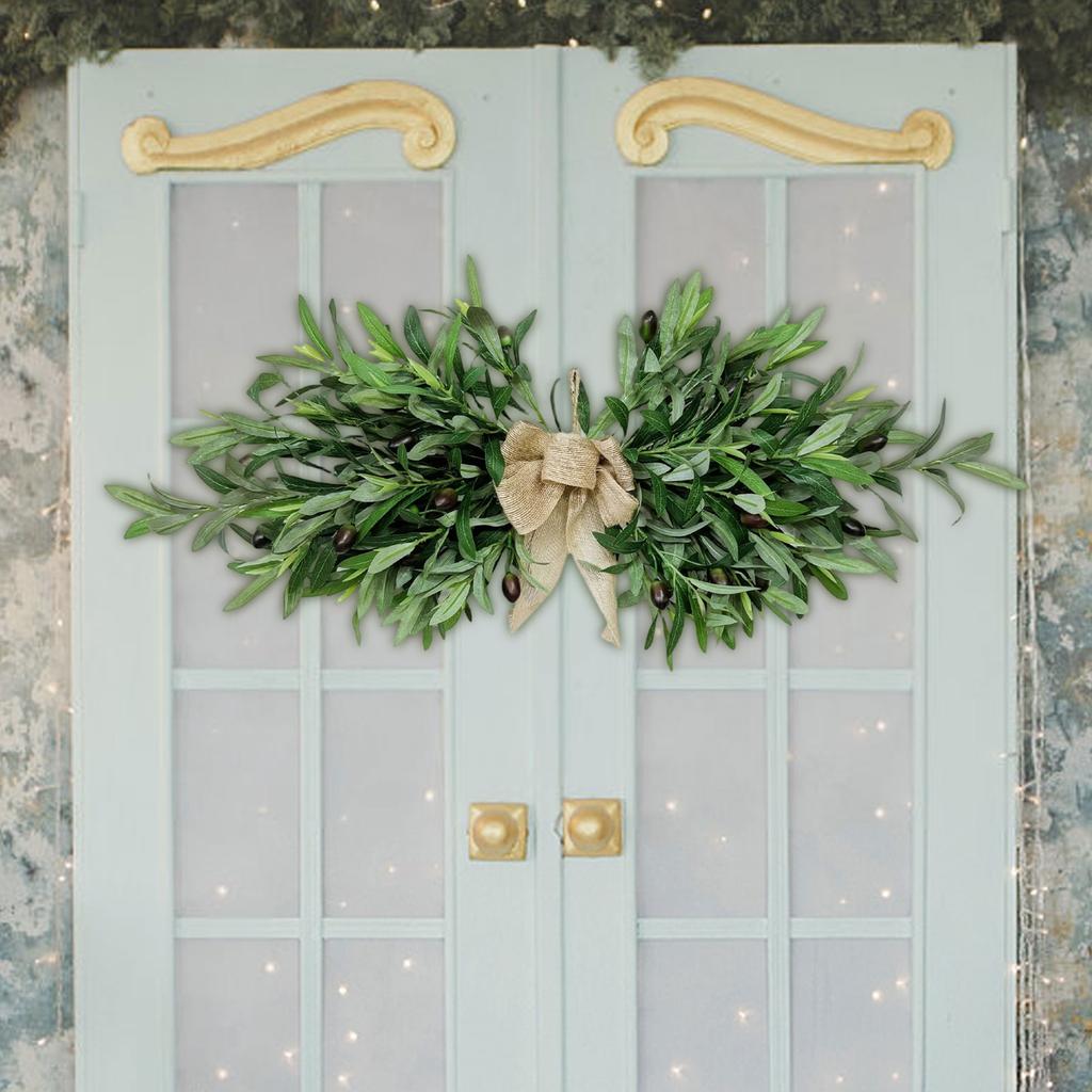 Artificial Leaf Garland with Bow Realistic Faux Greenery Decorative Swag for Door Mantel Tabletop Wall Home Office Indoor Outdoor Use