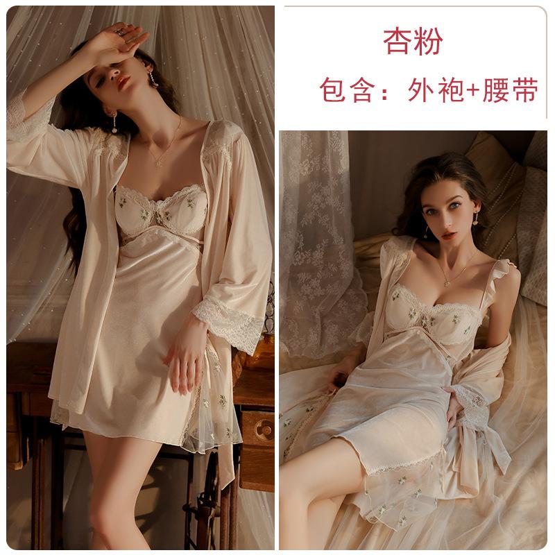 Women's Velvet Sheer Mesh Cami Sleep Dress with Robe for Fall Winter