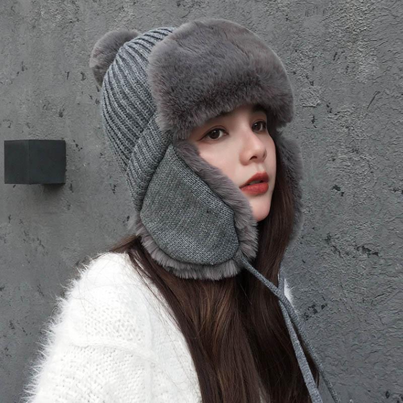Lei Feng lue dame vinter ull trend plus fleece strikket lue varm og søt og søt ørepropper Kald ull lue