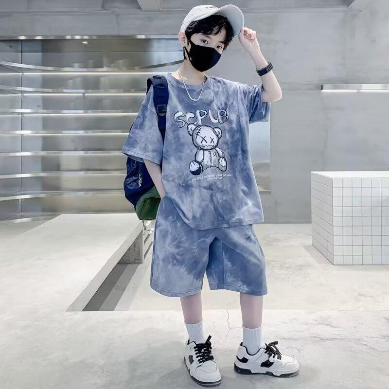Drukowany Zestaw Ubraniowy dla Chłopców Luźny Casualowy Letni dla Nastolatków T-shirty z Gradientem + Krótkie Spodenki Ubrania Sportowe z Krótkim Rękawem dla Dzieci Garnitury