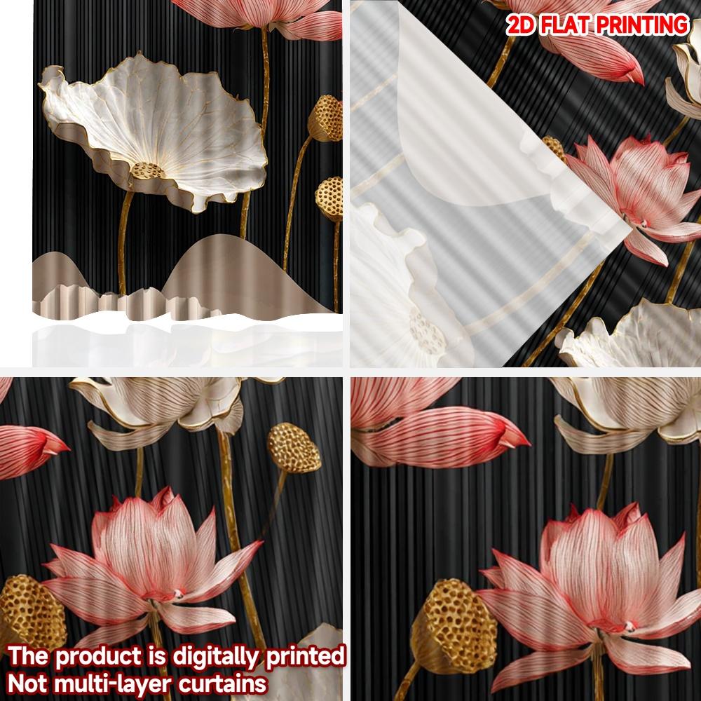 Set Of 2 Elegant Lotus Flower Curtains Pink White Blossoms Golden Seed Pods Black Background Bedroom Decor Curtain Polyester Perfect For