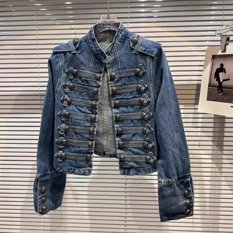 GlowGirl Wiosna Jesień Vintage Niebieska Dopasowana Krótka Jeansowa Kurtka Damska Stójka Wieloprzypinany Design Długi Rękaw Jeansowa Kurtka Streetwear