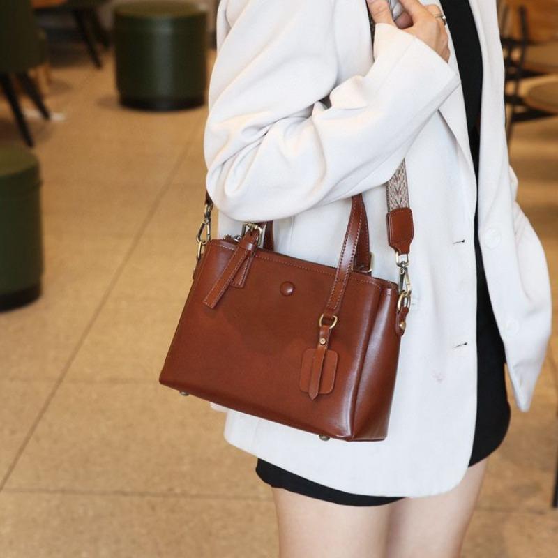 Genuine Leather Tote Bag for Women - Top Grain Vegetable Tanned Cowhide, 2-Way Handbag & Crossbody Bag with Wide Strap