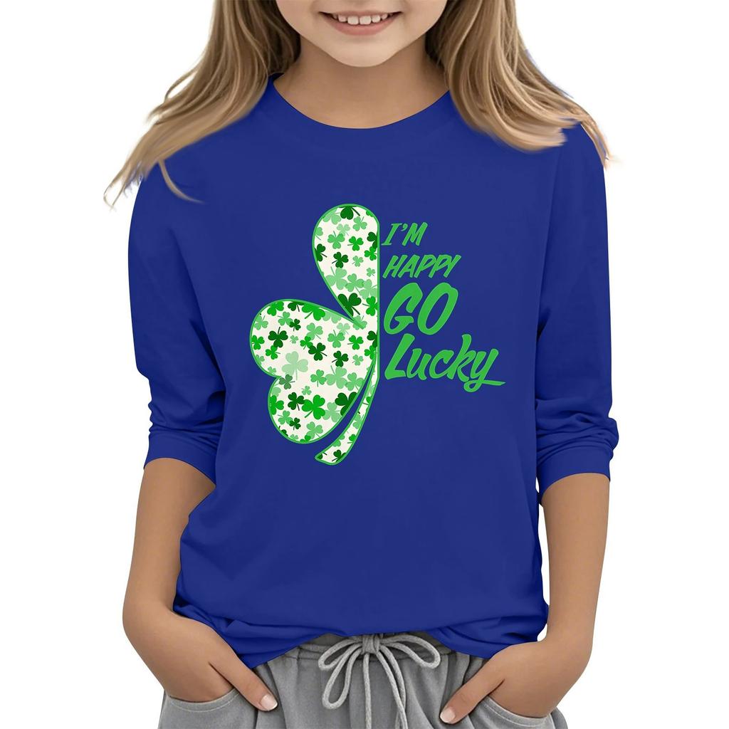 Dziecięcy T-shirt Casual z Nadrukiem na Kołnierzyku na Dzień Świętego Patryka z Rękawem 7/8