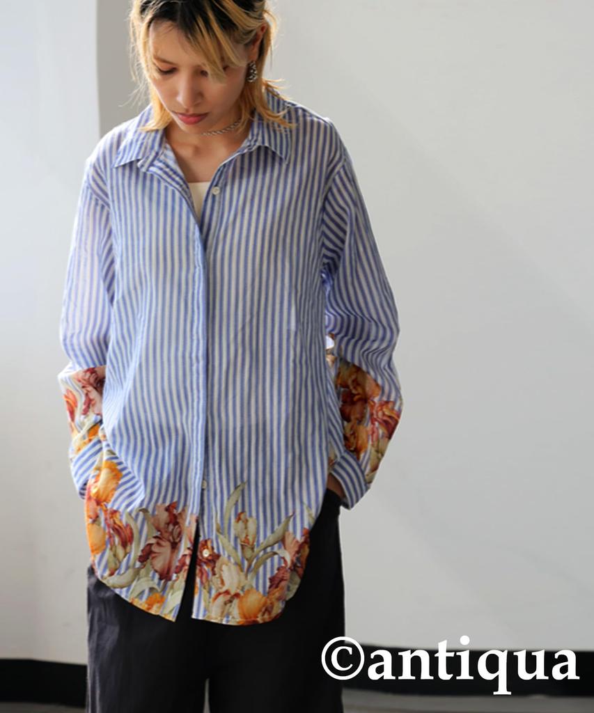 Antiqua Floral Striped Long Sleeve One Size White and Blue Mix Shirt, Women's Top, IYA-00100, 03,