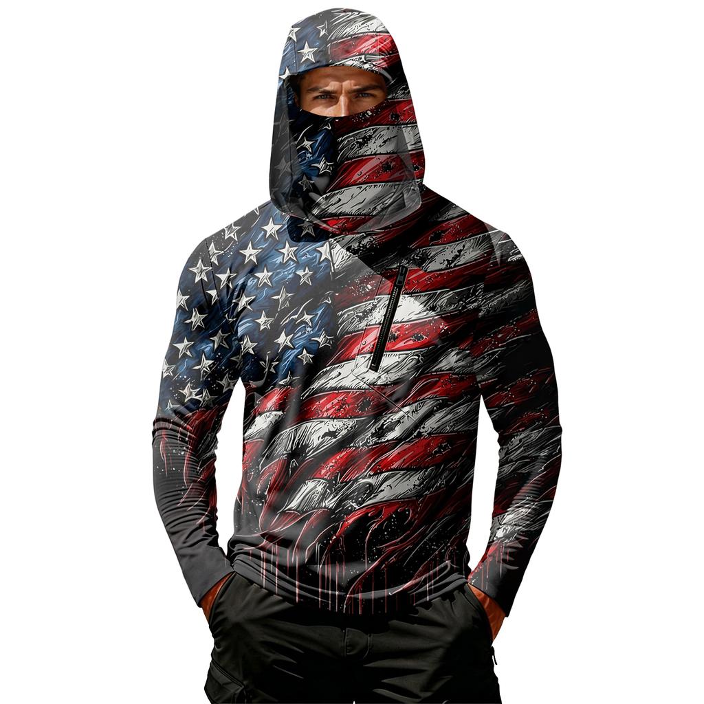 Men's Long Sleeve Hooded Sweatshirt with Flag Print Lightweight Pullover Casual Hooded Top with Front Zipper Pocket