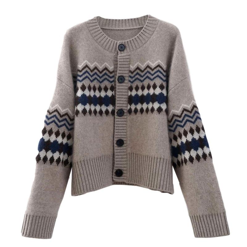 New Autumn Long Sleeve Print Cashmere Sweater Women Fashion Round Neck Loose Knitted Cardigans Jacket Women Elegant Vintage Lady Cardigan Tops 25504