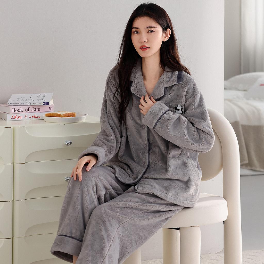 Coral Fleece Pajamas Women'S Autumn And Winter Thickened Fleece Flannel High-End Sweet And Warm Winter Loungewear Set