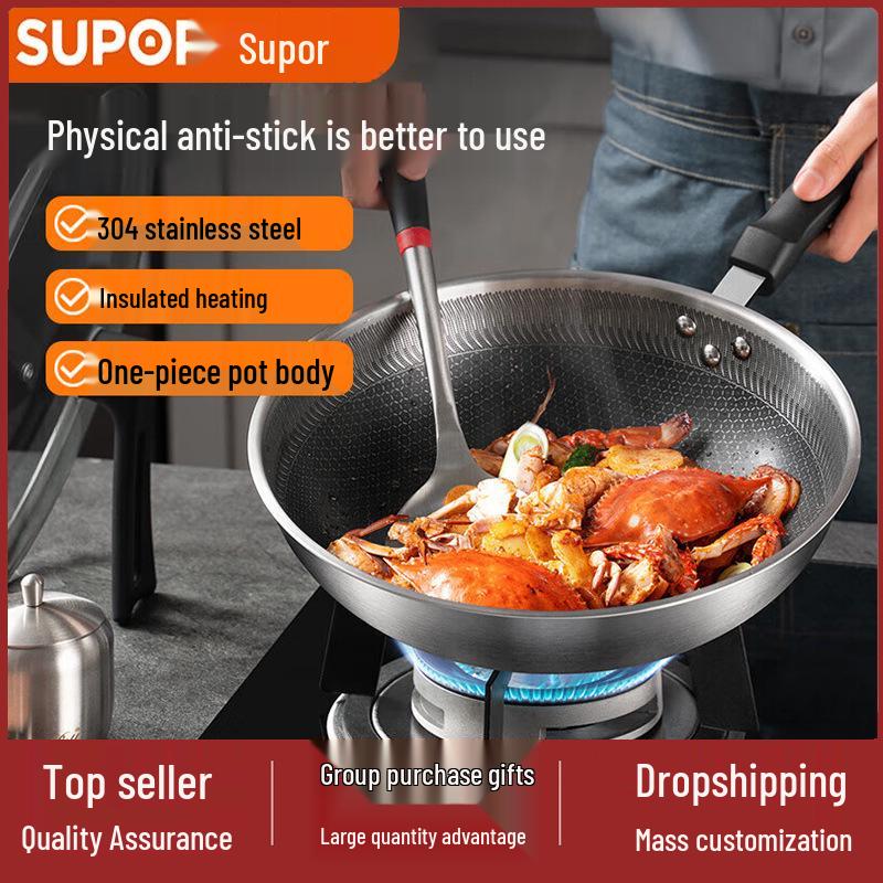 Supor Honeycomb Non-stick Stainless Steel Wok, 30/32/34cm Frying Pan