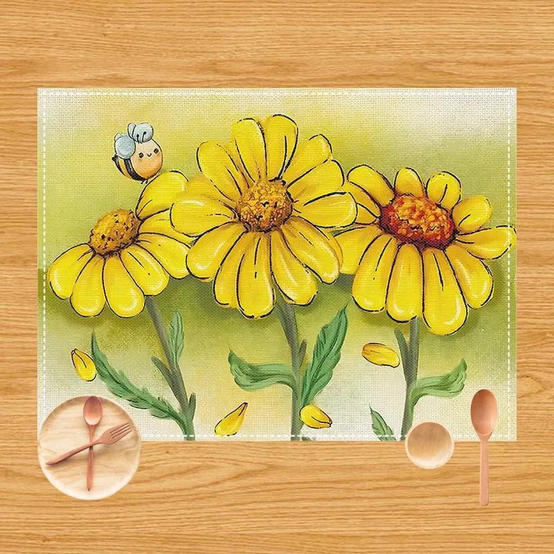 1 Stück Sonnenblumen-Bienen-Platzset Esstisch Sommer-Thema Tischdekoration Leinen Tischgeschirr Untersetzer Küchenzubehör für Kindergeburtstagsparty