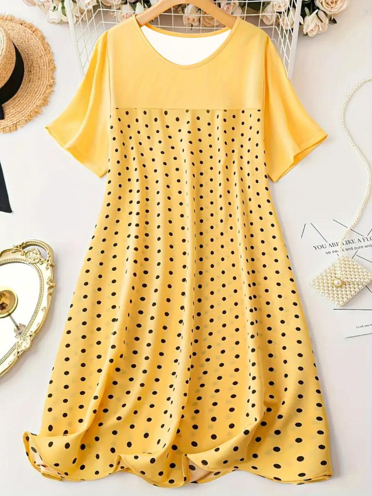 New Spring Summer Polka Dot Crew Neck Short Sleeve Nightdress Comfortable Dress Women's Clothing