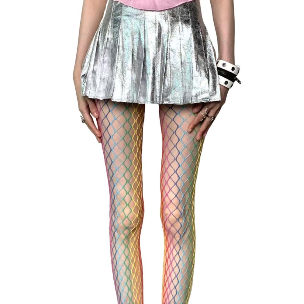 

Y2K Rainbow Fishnet Stockings Large Mesh See-through Tights Hollowed Out Pantyhose Girls Style B