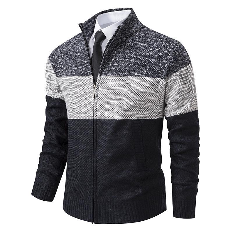 Men's Color Block Velvet-Lined Knit Cardigan with Stand Collar for Fall/Winter
