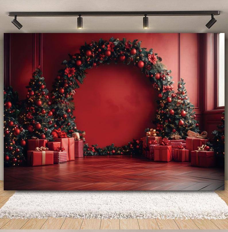 Christmas Backdrop for Photography Vintage Red Wall Arch Wreath Xmas Tree Gifts Family Baby Kid Portrait Background Photo Studio