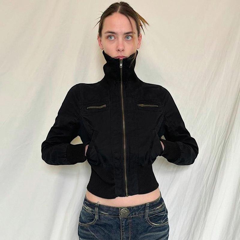 Women's Retro Fitted Waist Zipper Stand Collar Casual Workwear Jacket