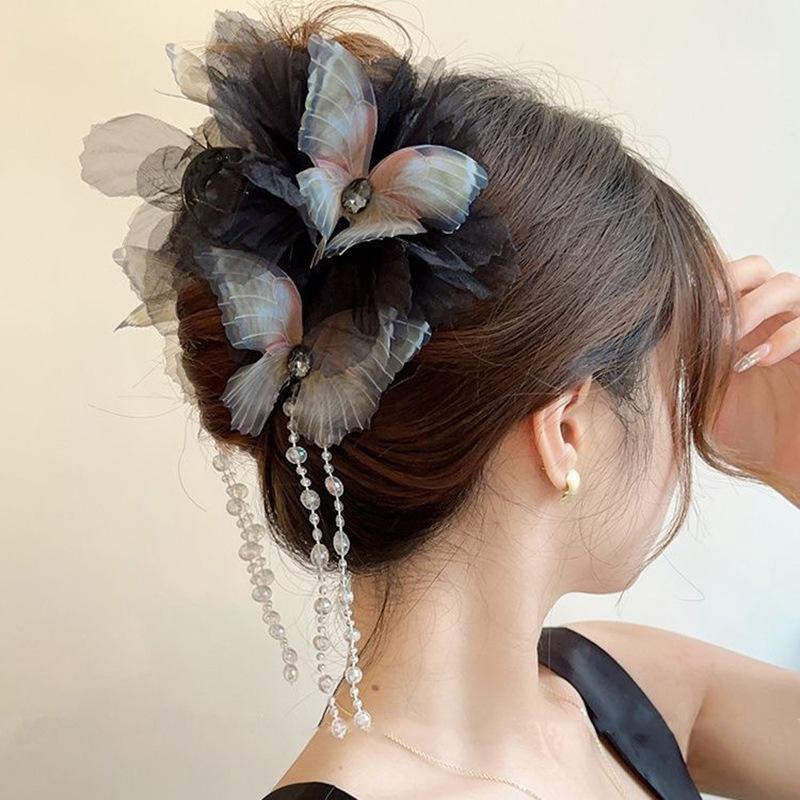 Sweety Fairy Butterfly Hair Claw For Women Elegant Gauze Tassel Bowknot Shark Gripper Clip Handmade Cloth Hairpin Hair Accessory