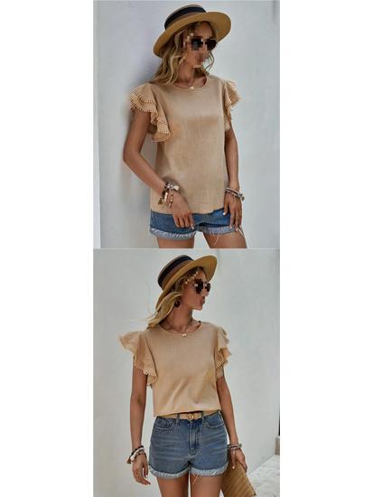 European & American Women's Casual Summer Round Neck Ruffle Batwing Short Sleeve Top