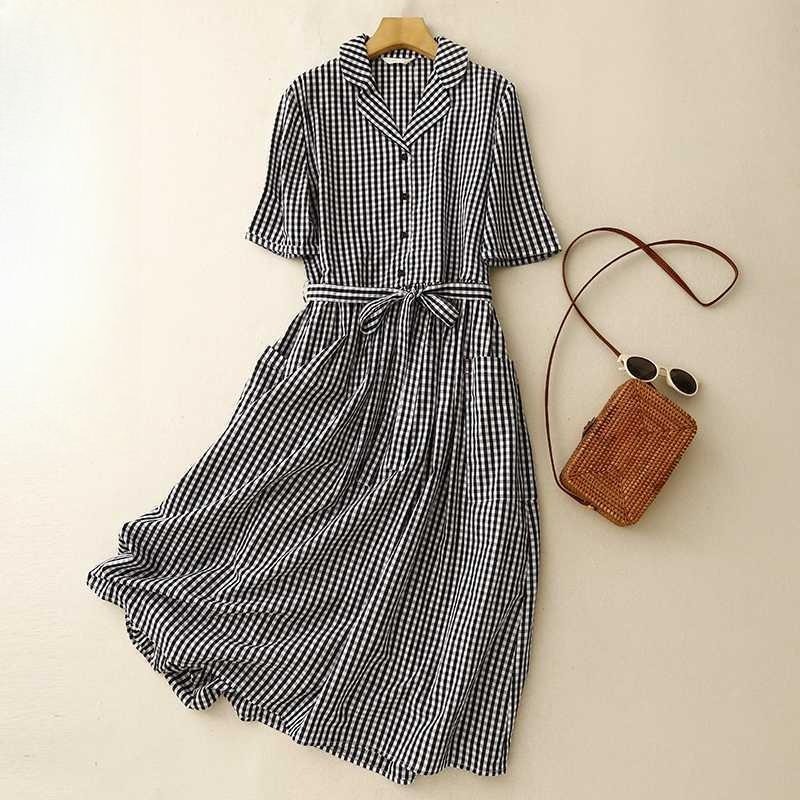 Summer women's cotton and linen plaid dress