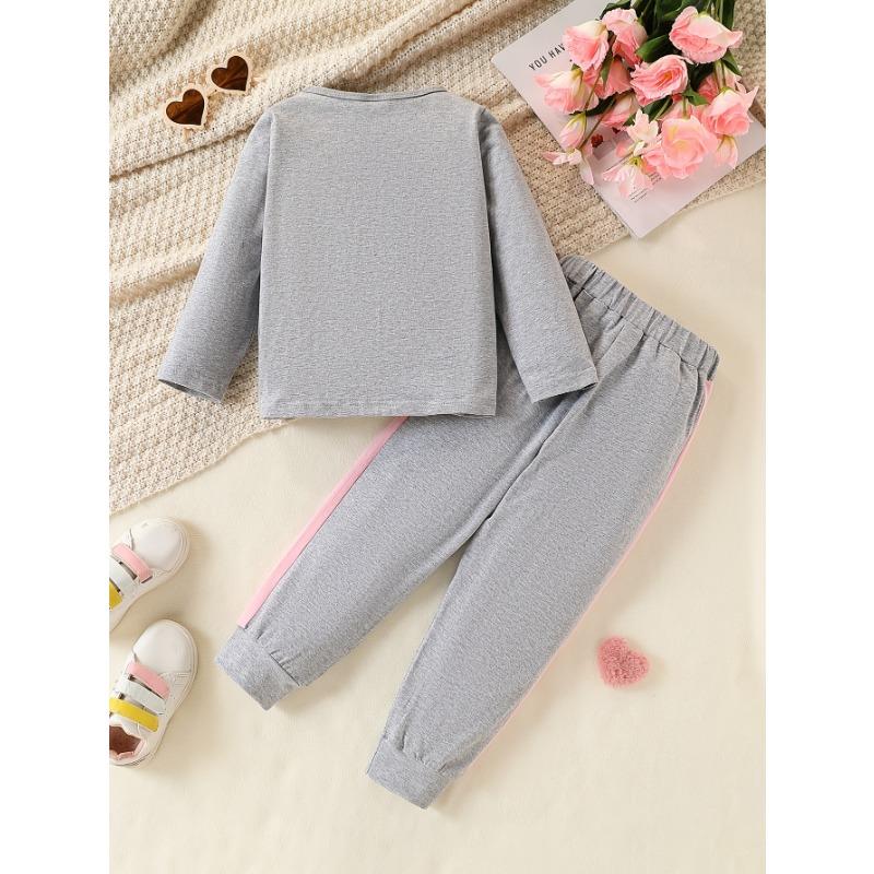 2pcs Girls' Cotton Blend Outfit: Heart Print Long Sleeve Top with 3D Bows & Contrast Color Pants, Regular Fit Machine-Washable Spring