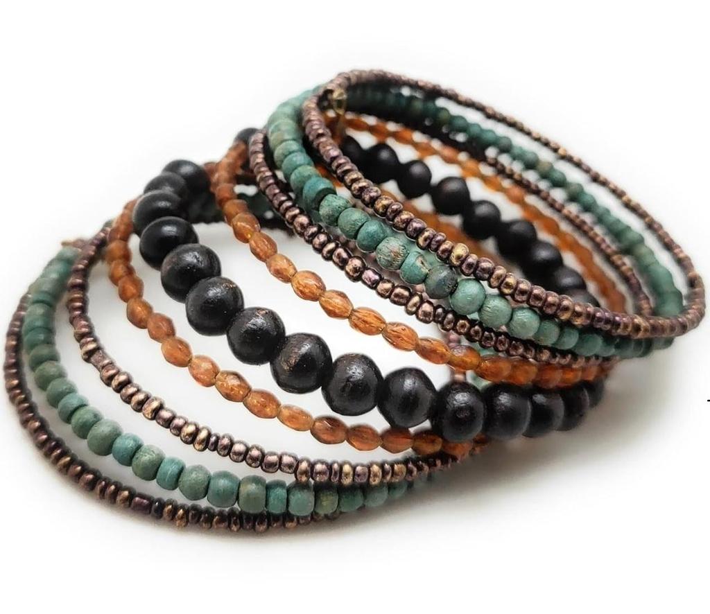 Black,Brown,Teal Wooden and Glass Bead Bracelet for Women and Girls