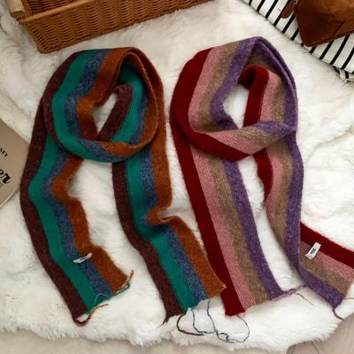 Korean Stylish Rainbow Striped Fringed Knitted Scarf Women Winter Neck Warm Female Scarves Fashion Narrow Long Muffler Female