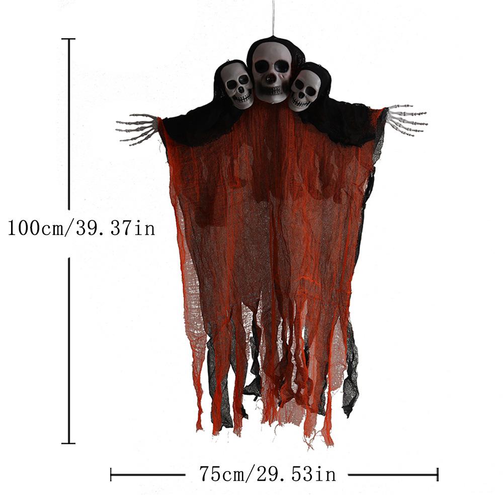 

Large Hanging Three Head Skull Ghost Halloween Haunted House Decoration Gauze Prop Spooky Doorway Horror Suspended Ornament