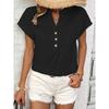 New Retro Cotton Linen Women's Casual Shirt, V-neck Button Short Sleeve Solid Color Top For European American Crossborder