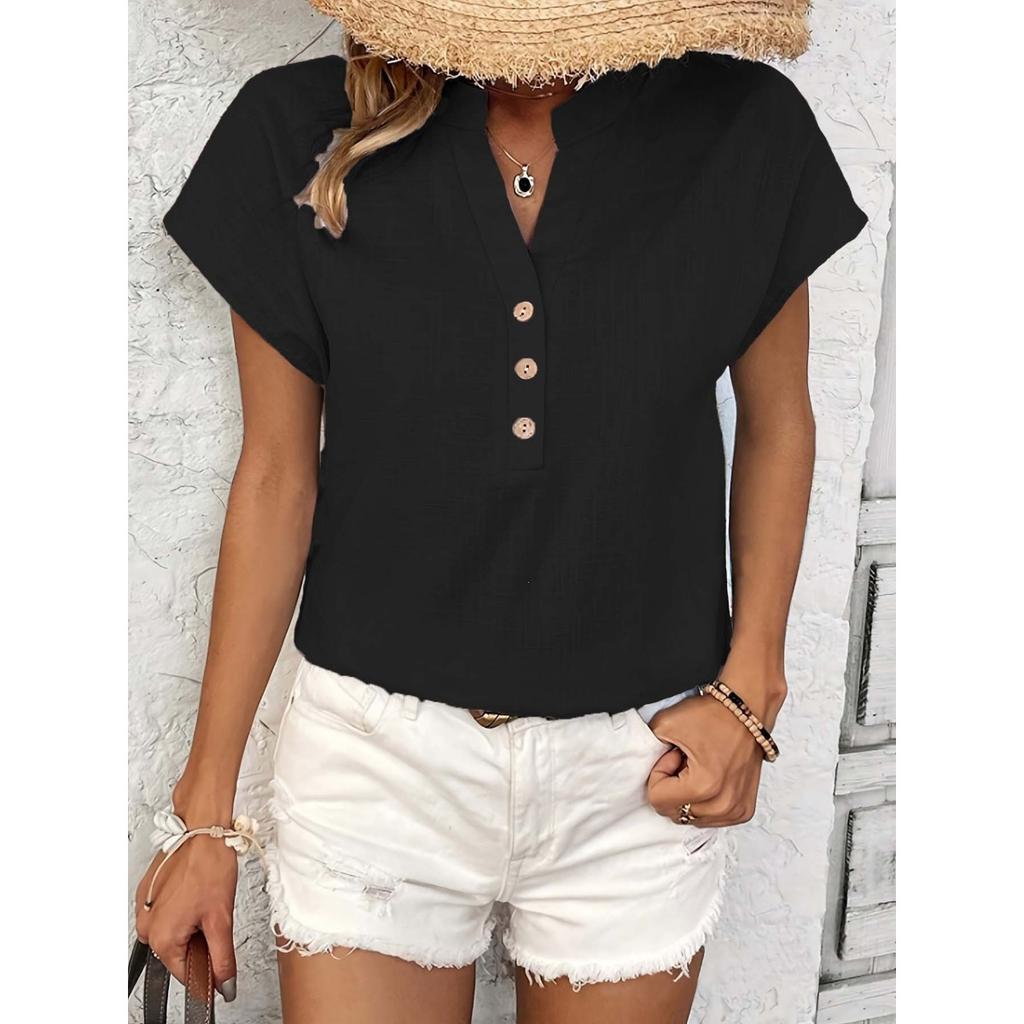 New Retro Cotton Linen Women's Casual Shirt, V-neck Button Short Sleeve Solid Color Top For European American Crossborder