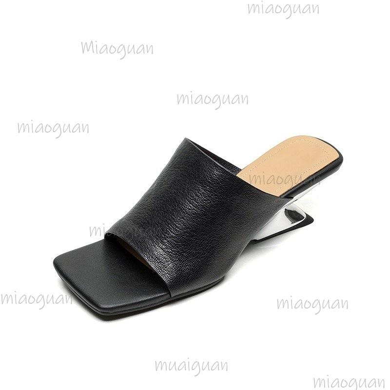Fashion Vintage Fashion Lame Heel Slippers Women Summer New Square Open Toe Soft Leather Slip On Sandals Sandalias De Mujer Black Red