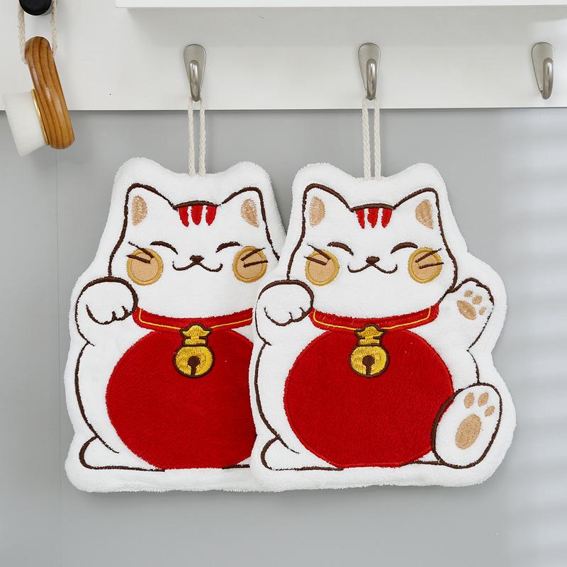 Coral fleece new lucky cat hand towel soft and absorbent cute embroidery can hang rag quick dry hand towel