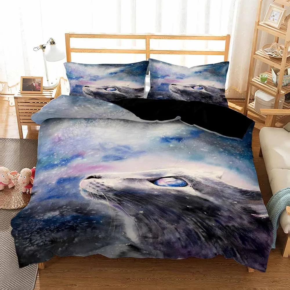 Galaxy Cat Kids Quilt/Duvet Cover With Pillocases Cartoon Animal Comforter Cover Bedding Set Star Sky Pet Child Bed Cover Sets