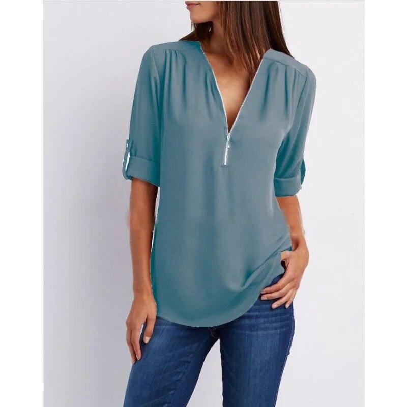 

2026 Fashion Top Sexy Shirt Women Casual V-neck Zipper Woman Blouse Long Sleeve Loose Chiffon Shirt Solid Women Clothes 25811 5XL peacock синього кольору