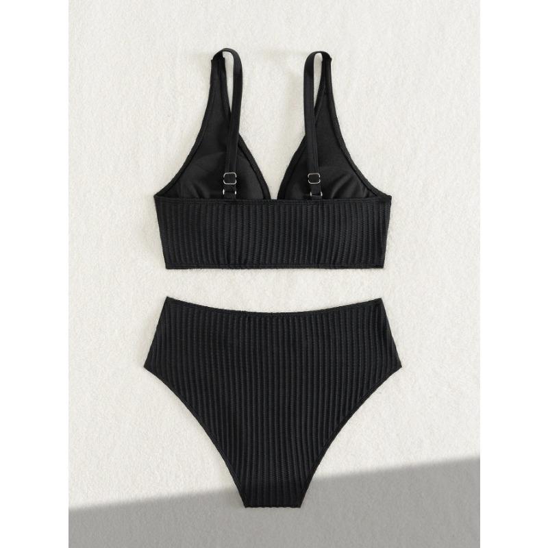 Sexy High Waist Bikini Set 2025 Women V Neck Ribbed Push Up Two Piece Swimsuit Summer Bathing Suit Holiday Swimwear Biquini