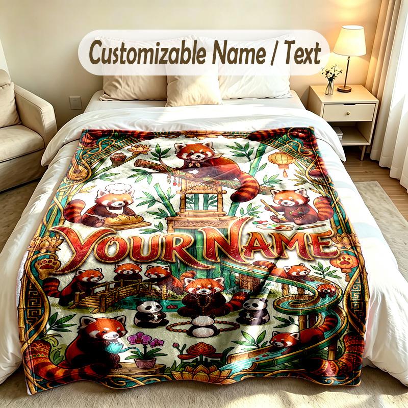 Bear Panda Theme Soft Blanket Personalized Custom Name Text Print Warm Blanket Home Sofa Bedroom Decor