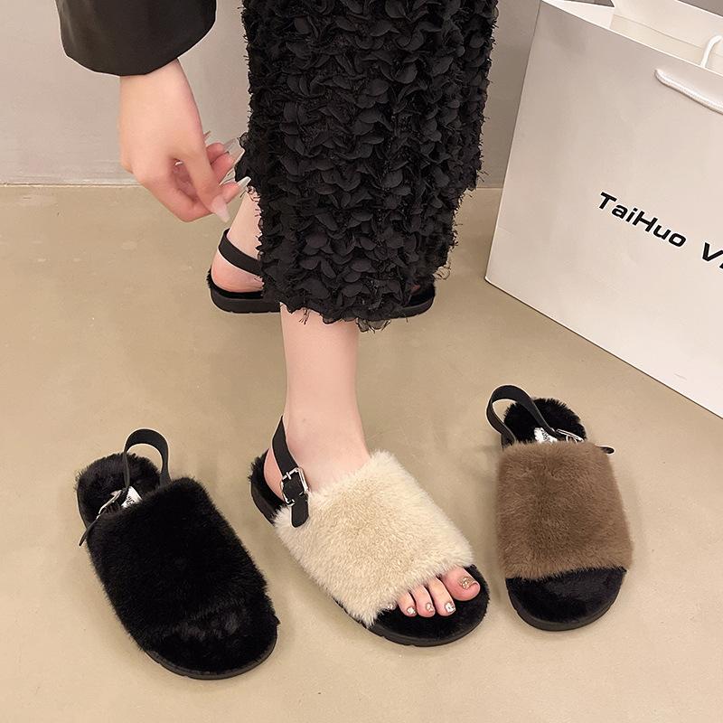 Foreign trade plush sandals women wear white fluffy shoes in winter women's new flat-soled fluffy slippers in autumn and winter 2024