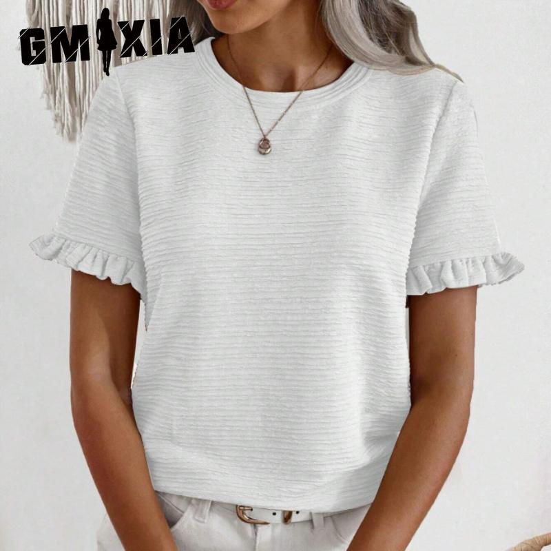 

GMXIA Women s Fashion Casual Leisure Summer Solid Color Print Short Sleeve O-Neck Blouses & Shirts S рожевий червоний колір