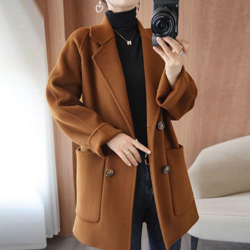 Luksusowy damski dwustronny wełniany płaszcz średniej długości z chenille - Duży rozmiar